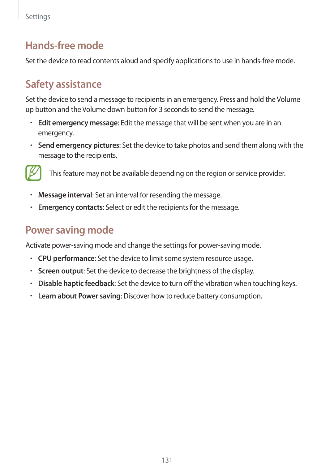 Samsung GT-I9500ZWACEL, GT-I9500ZKACEL, GT-I9500ZWAILO, GT-I9500ZWAPTR, GT-I9500DKYPCL Safety assistance, Power saving mode 