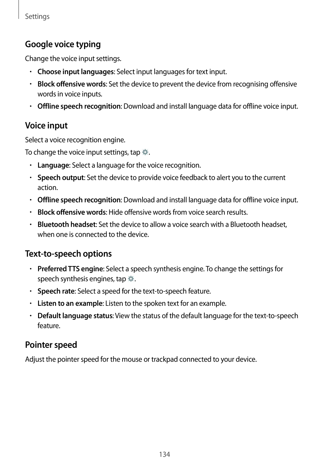 Samsung GT-I9500ZNASER, GT-I9500ZKACEL manual Google voice typing, Voice input, Text-to-speech options, Pointer speed 