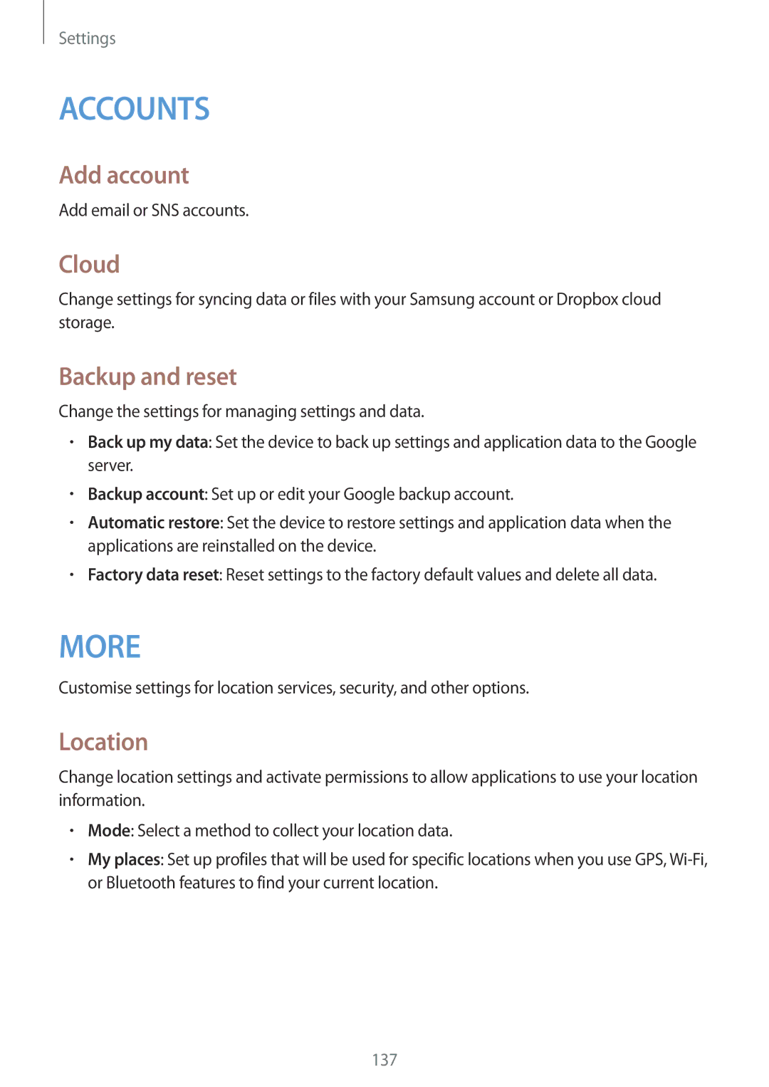 Samsung GT-I9500ZKFSER, GT-I9500ZKACEL, GT-I9500ZWAILO, GT-I9500ZWAPTR manual Add account, Cloud, Backup and reset, Location 