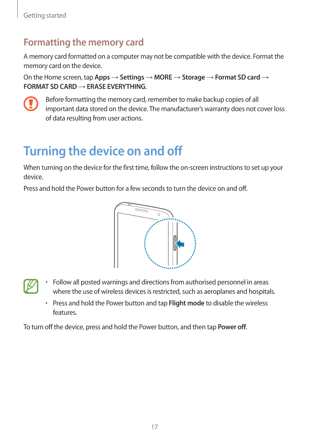 Samsung GT-I9500ZKFSER, GT-I9500ZKACEL, GT-I9500ZWAILO manual Turning the device on and off, Formatting the memory card 