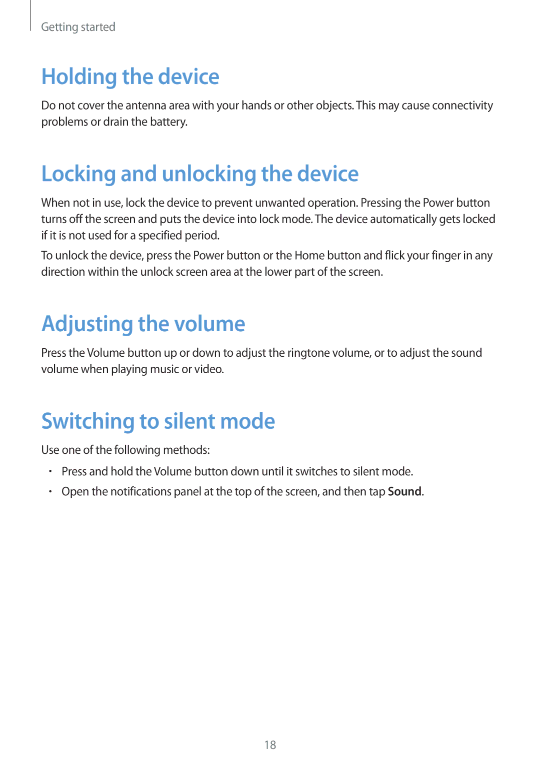 Samsung GT-I9500ZRZSER, GT-I9500ZKACEL manual Holding the device, Locking and unlocking the device, Adjusting the volume 