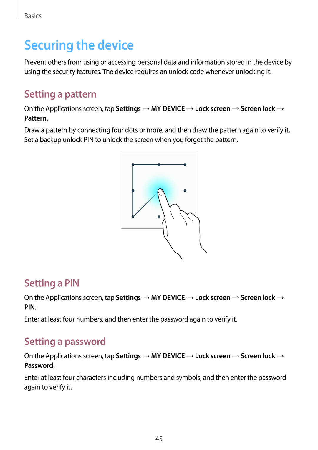 Samsung GT-I9500ZWASER, GT-I9500ZKACEL manual Securing the device, Setting a pattern, Setting a PIN, Setting a password 