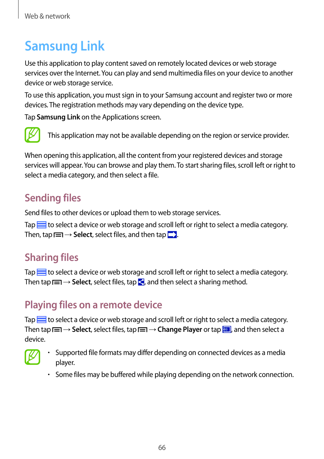 Samsung GT-I9500ZRZSER, GT-I9500ZKACEL manual Samsung Link, Sending files, Sharing files, Playing files on a remote device 