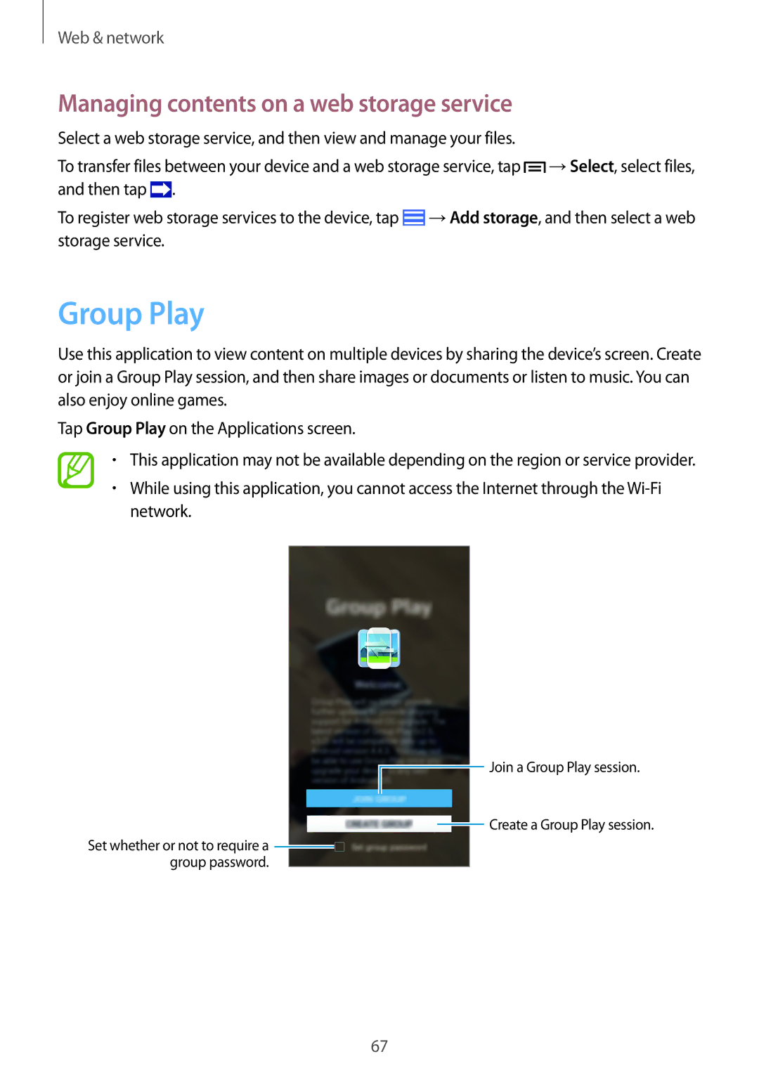 Samsung GT-I9500ZRASER, GT-I9500ZKACEL, GT-I9500ZWAILO manual Group Play, Managing contents on a web storage service 