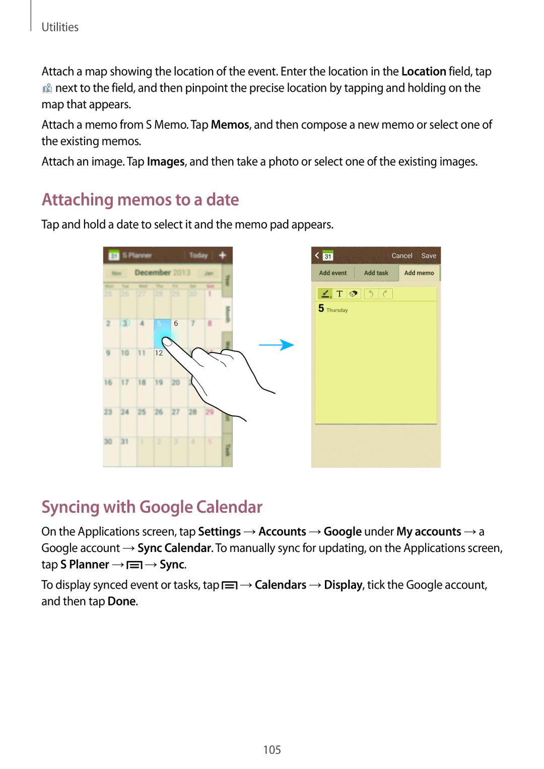 Samsung GT-I9500ZBAILO, GT-I9500ZKACEL, GT-I9500ZWAILO manual Attaching memos to a date, Syncing with Google Calendar 