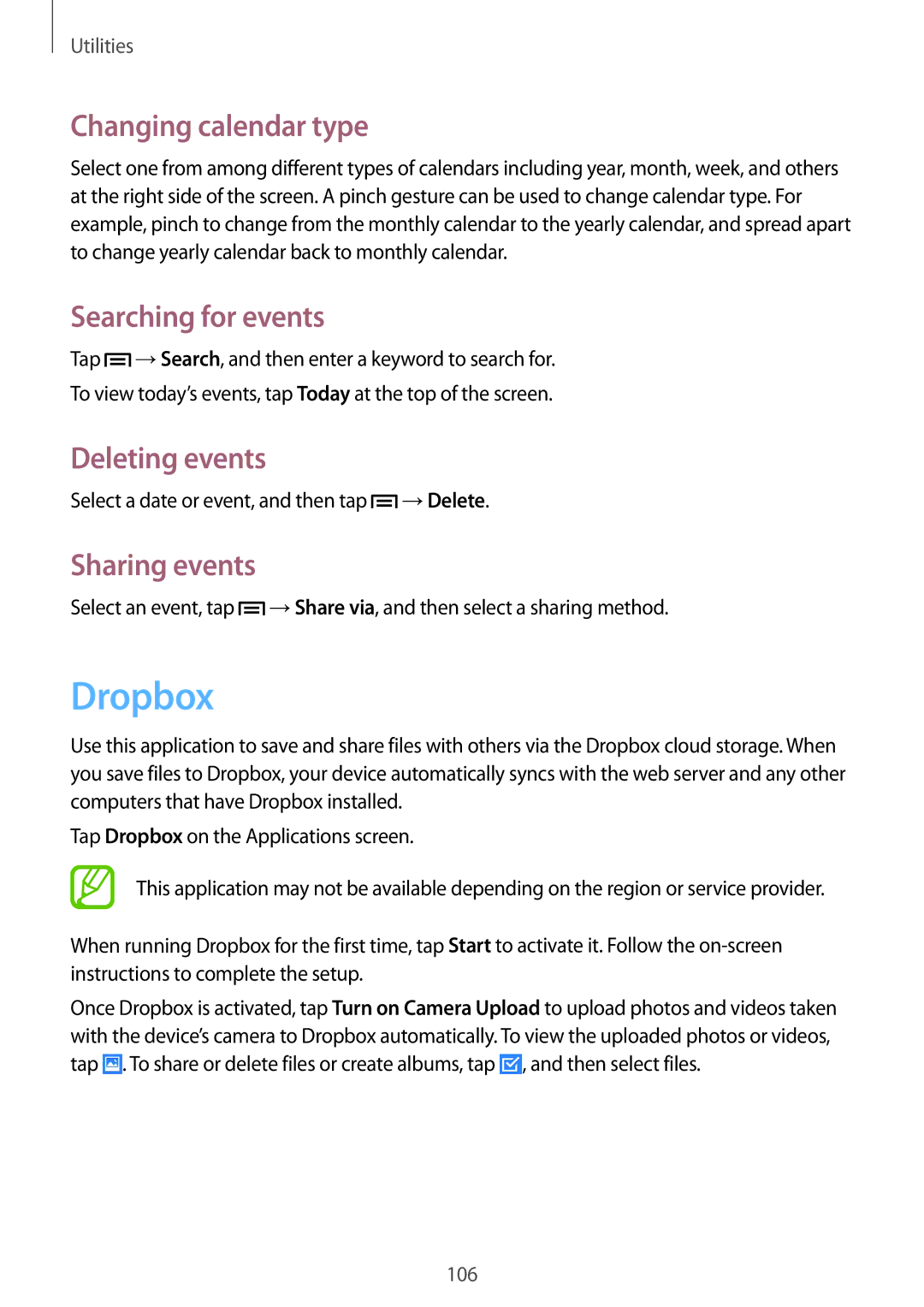 Samsung GT-I9500ZKAILO manual Dropbox, Changing calendar type, Searching for events, Deleting events, Sharing events 