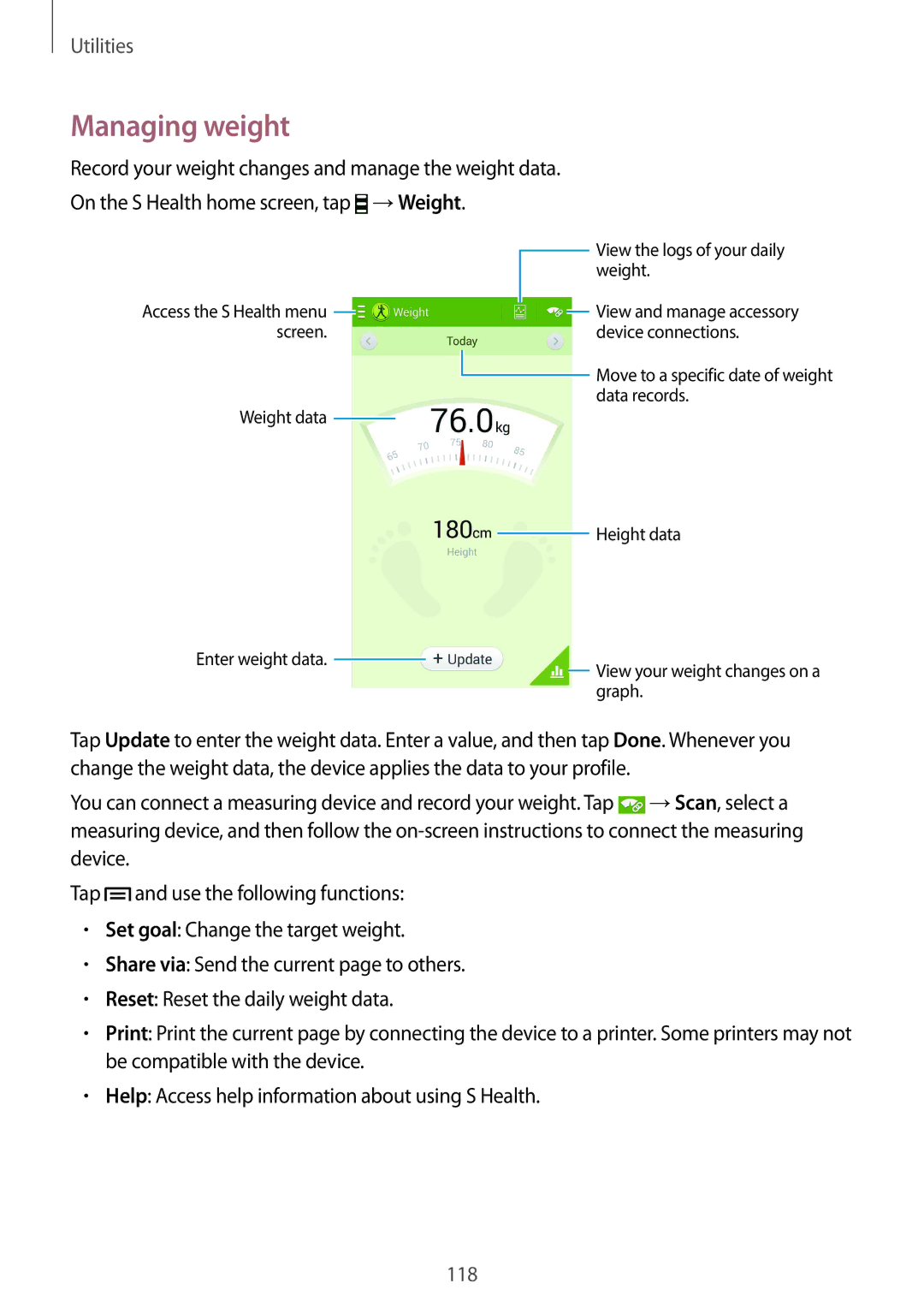 Samsung GT-I9500ZWAMBC, GT-I9500ZKACEL, GT-I9500ZWAILO, GT-I9500ZWAPTR, GT-I9500DKYPCL manual Managing weight, →Weight 