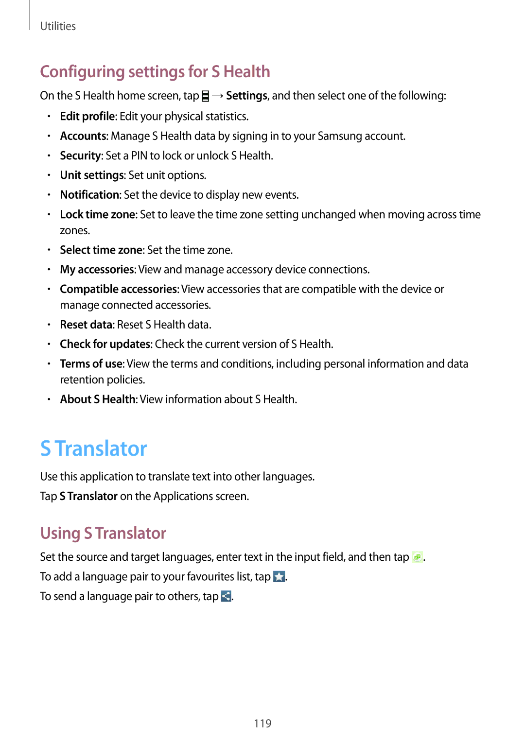 Samsung GT-I9500ZWZSER, GT-I9500ZKACEL, GT-I9500ZWAILO manual Configuring settings for S Health, Using S Translator 