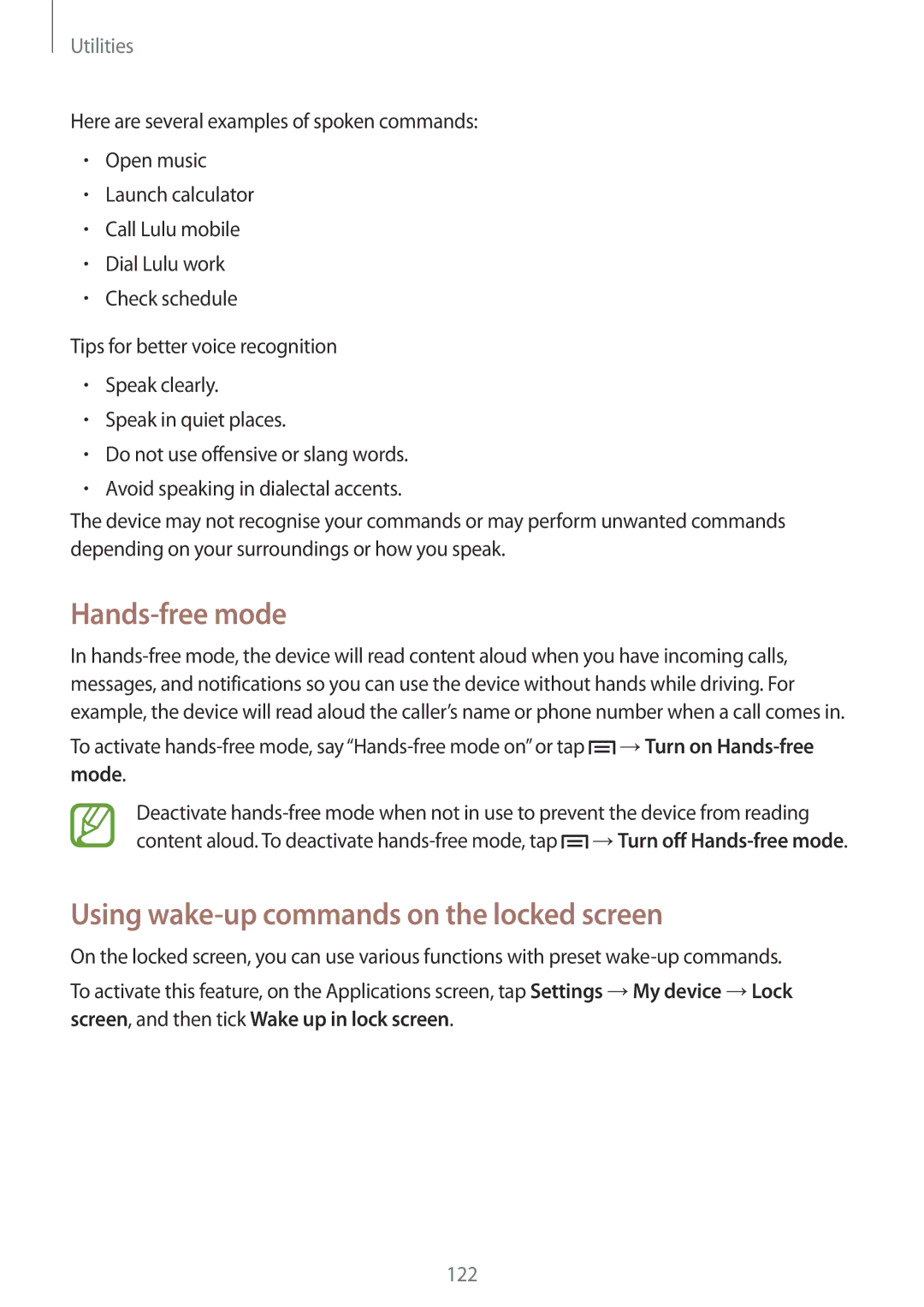 Samsung GT-I9500ZWAPTR, GT-I9500ZKACEL, GT-I9500ZWAILO manual Hands-free mode, Using wake-up commands on the locked screen 