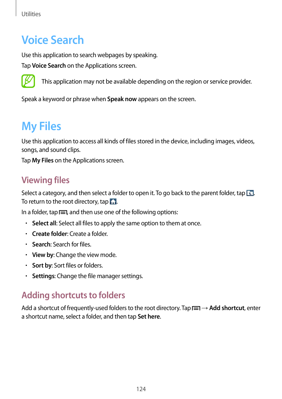 Samsung GT-I9500DKYCEL, GT-I9500ZKACEL, GT-I9500ZWAILO Voice Search, My Files, Viewing files, Adding shortcuts to folders 