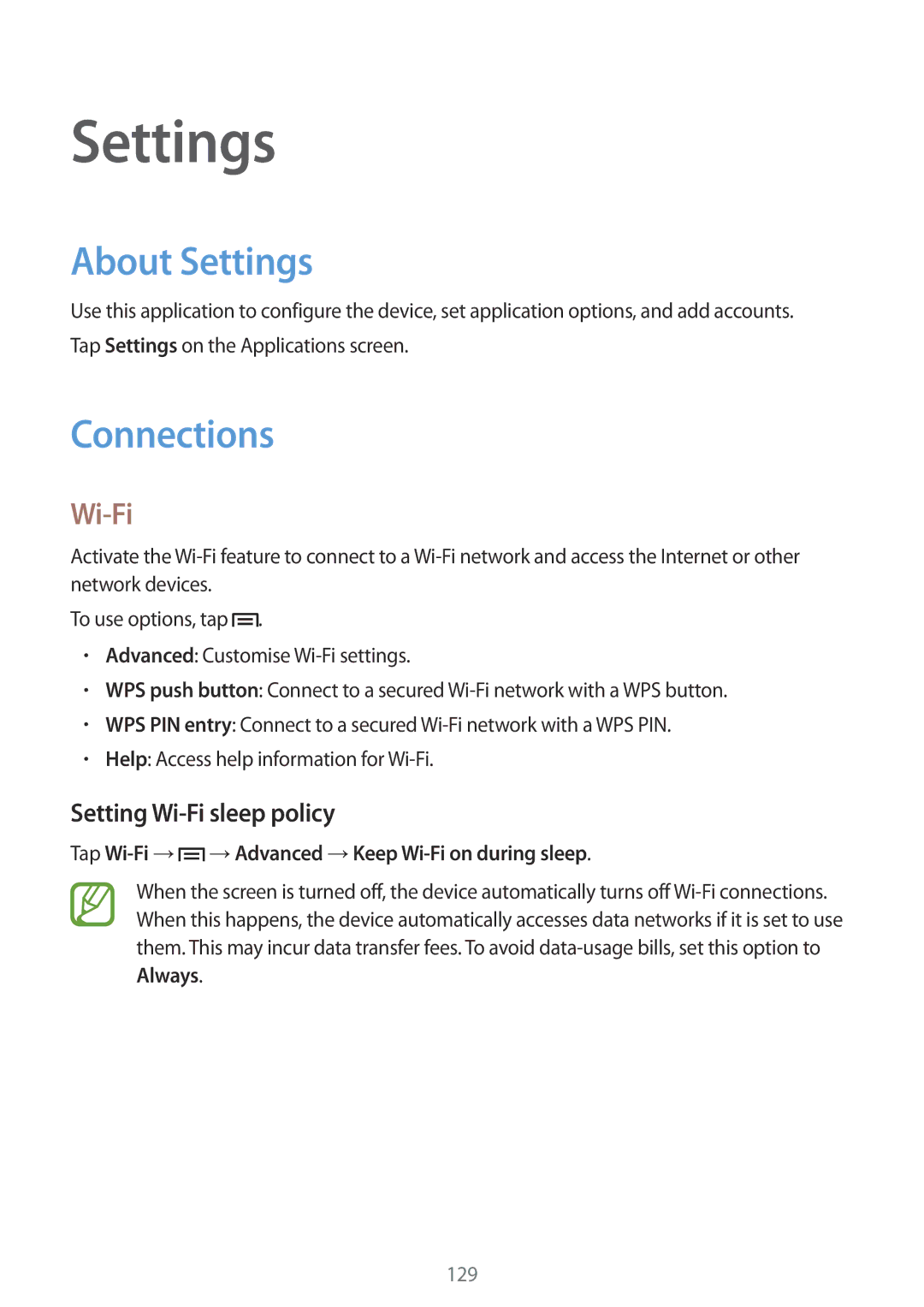 Samsung GT-I9500ZBAILO, GT-I9500ZKACEL, GT-I9500ZWAILO manual About Settings, Connections, Setting Wi-Fi sleep policy 