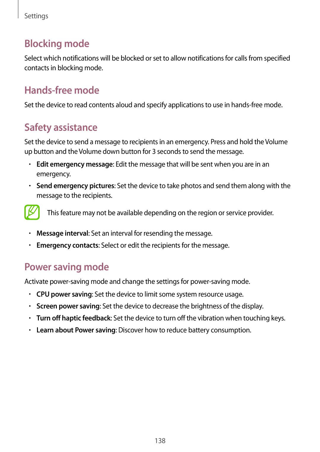 Samsung GT-I9500ZRZSER, GT-I9500ZKACEL, GT-I9500ZWAILO, GT-I9500ZWAPTR Blocking mode, Safety assistance, Power saving mode 