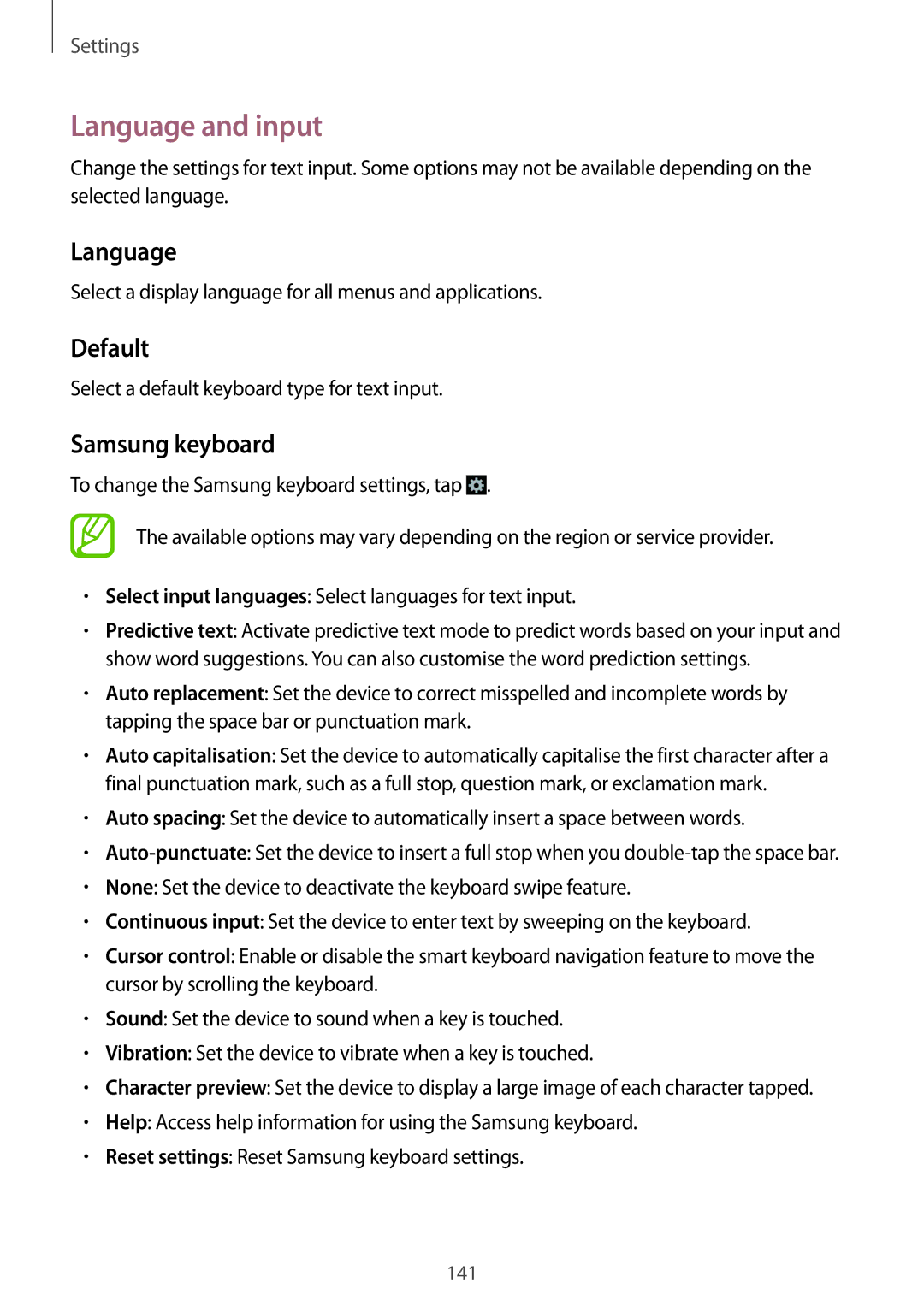 Samsung GT-I9500ZWASER, GT-I9500ZKACEL, GT-I9500ZWAILO, GT-I9500ZWAPTR manual Language and input, Default, Samsung keyboard 