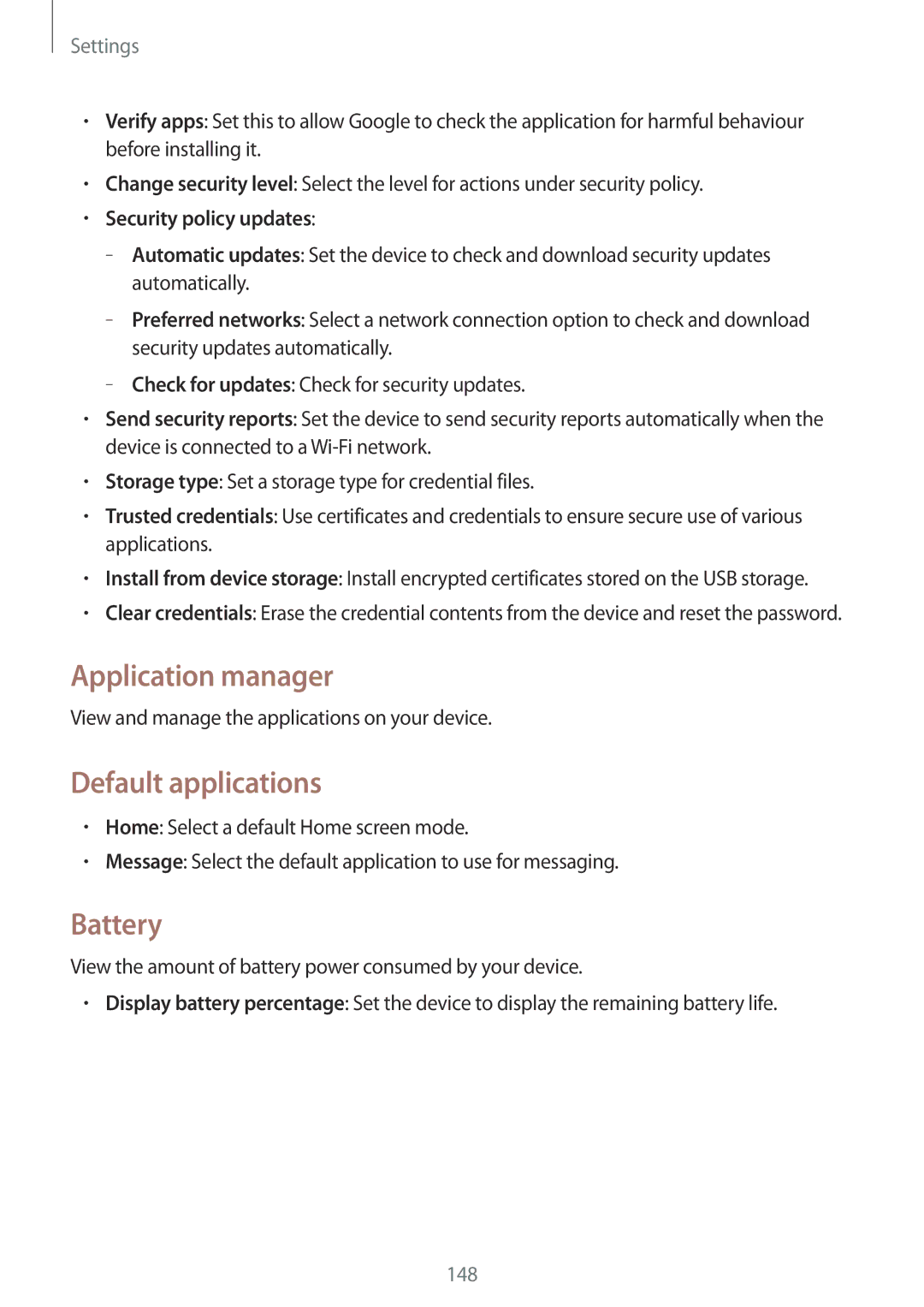 Samsung GT-I9500DKYCEL, GT-I9500ZKACEL manual Application manager, Default applications, Battery, Security policy updates 