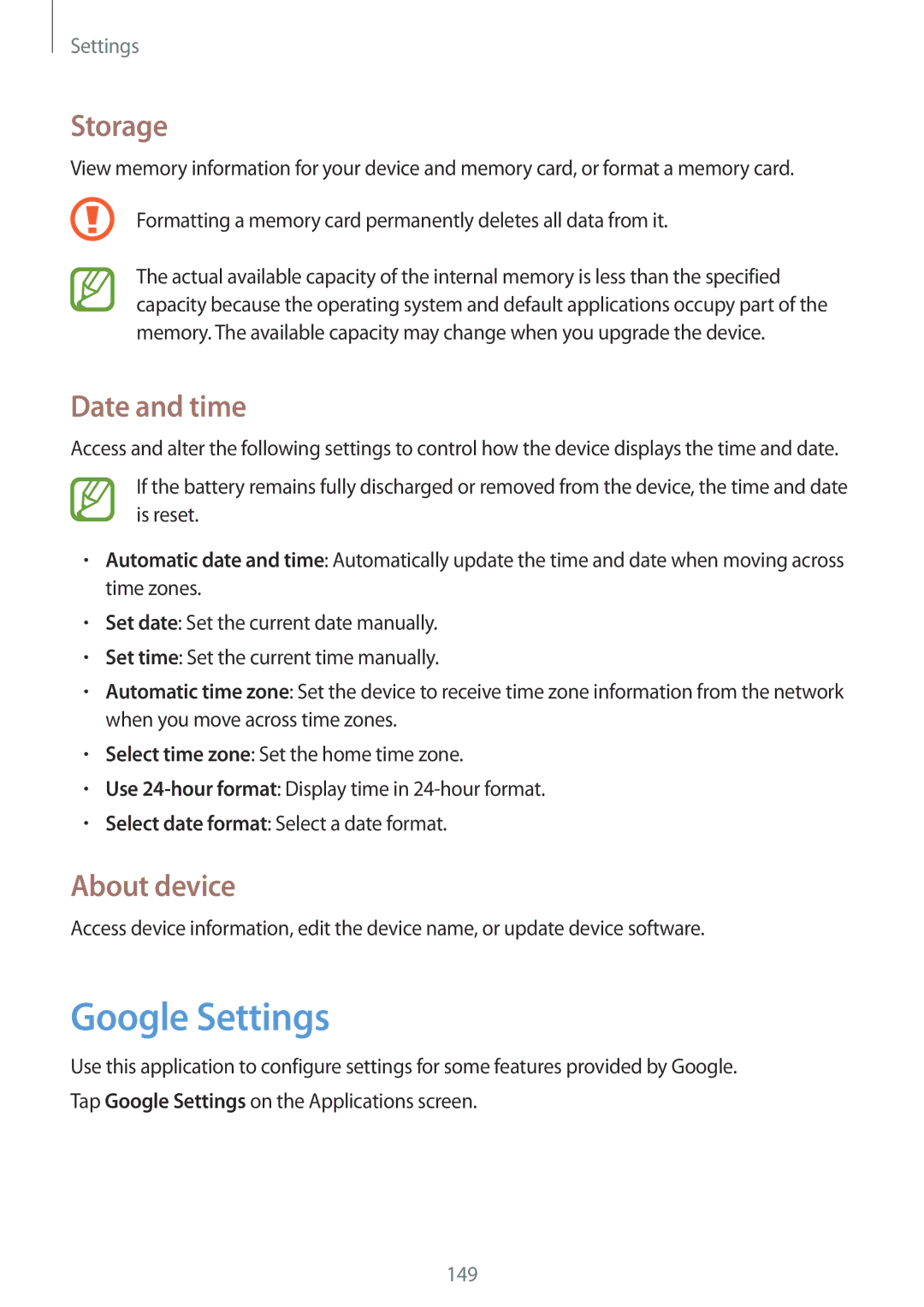 Samsung GT-I9500DKYILO, GT-I9500ZKACEL, GT-I9500ZWAILO, GT-I9500ZWAPTR Google Settings, Storage, Date and time, About device 