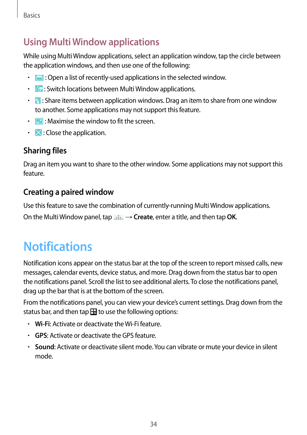 Samsung GT-I9500ZKAILO manual Notifications, Using Multi Window applications, Sharing files, Creating a paired window 