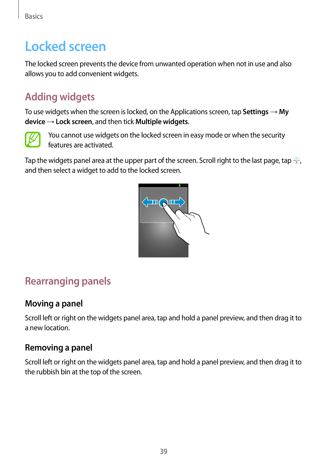 Samsung GT-I9500ZWFSER, GT-I9500ZKACEL, GT-I9500ZWAILO, GT-I9500ZWAPTR, GT-I9500DKYPCL manual Locked screen, Adding widgets 