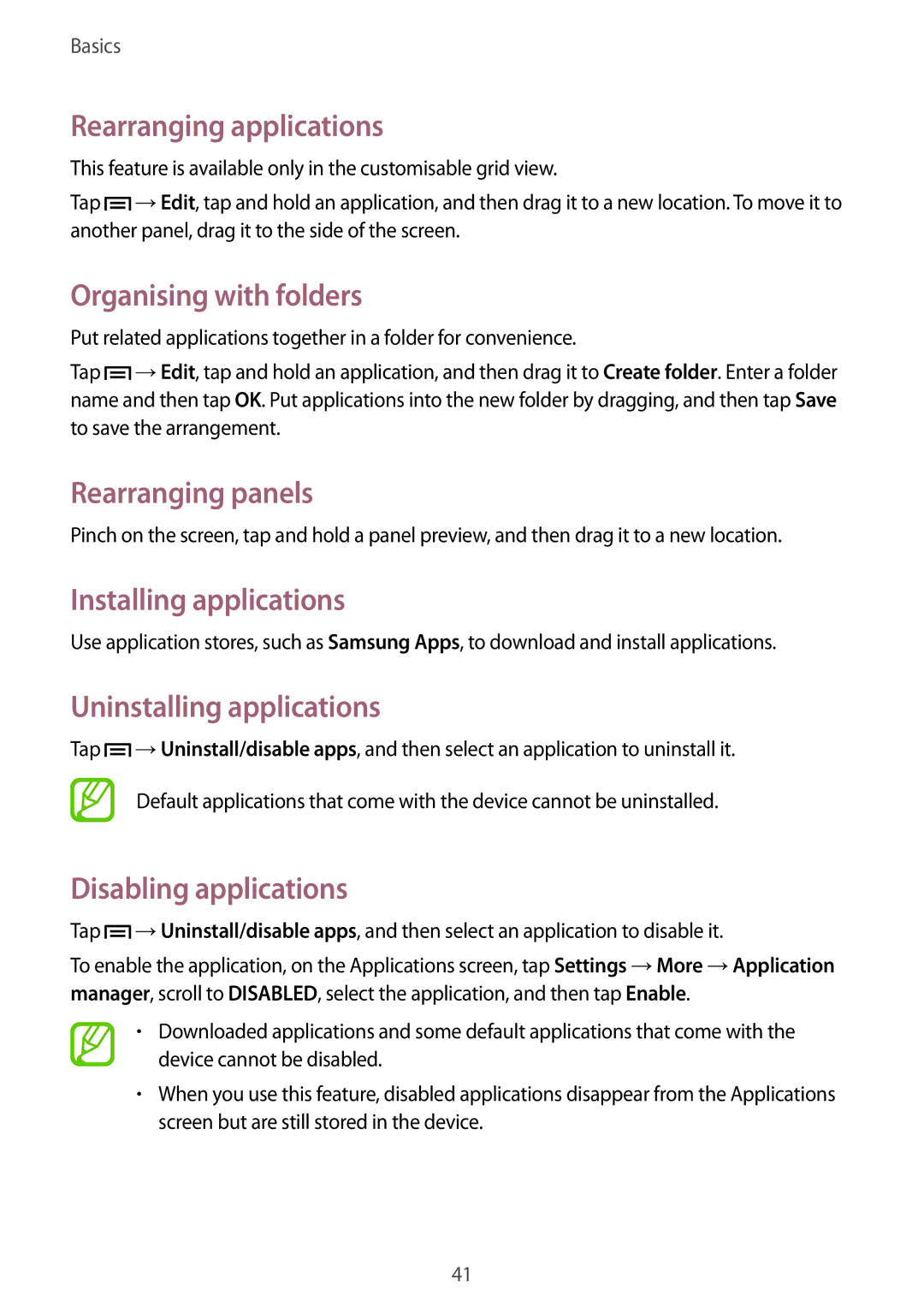 Samsung GT-I9500ZKFSER Rearranging applications, Organising with folders, Installing applications, Disabling applications 