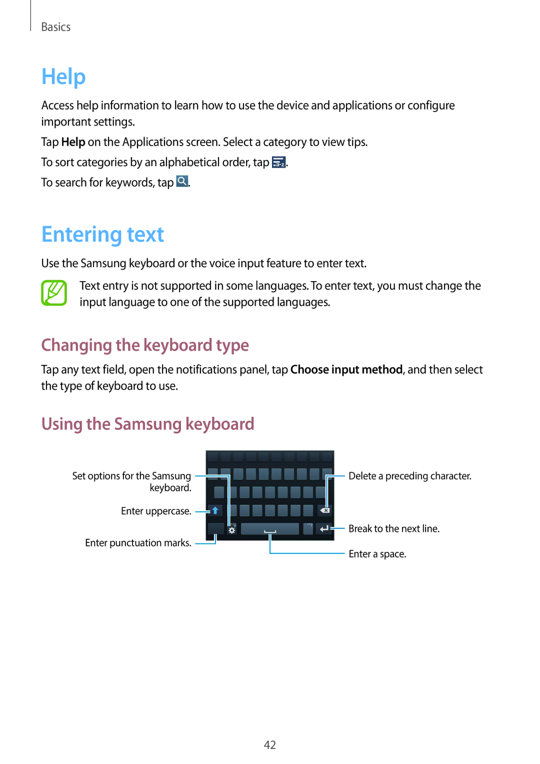 Samsung GT-I9500ZRZSER, GT-I9500ZKACEL manual Help, Entering text, Changing the keyboard type, Using the Samsung keyboard 