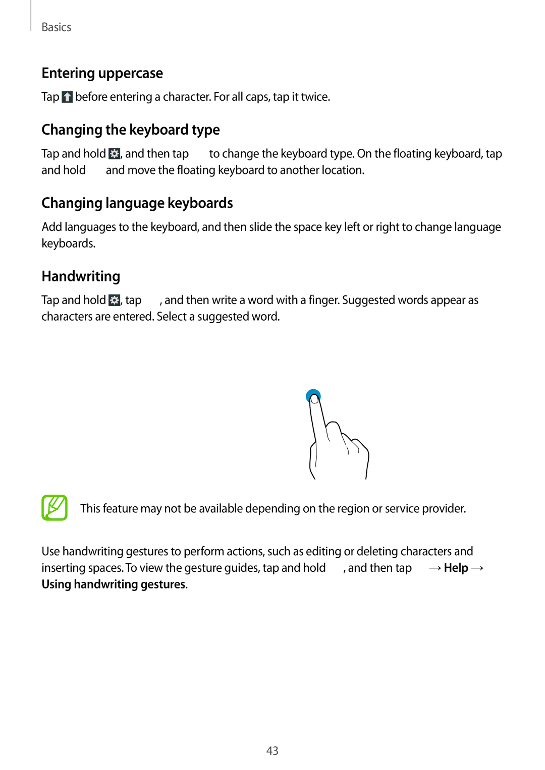 Samsung GT-I9500ZRASER manual Entering uppercase, Changing the keyboard type, Changing language keyboards, Handwriting 