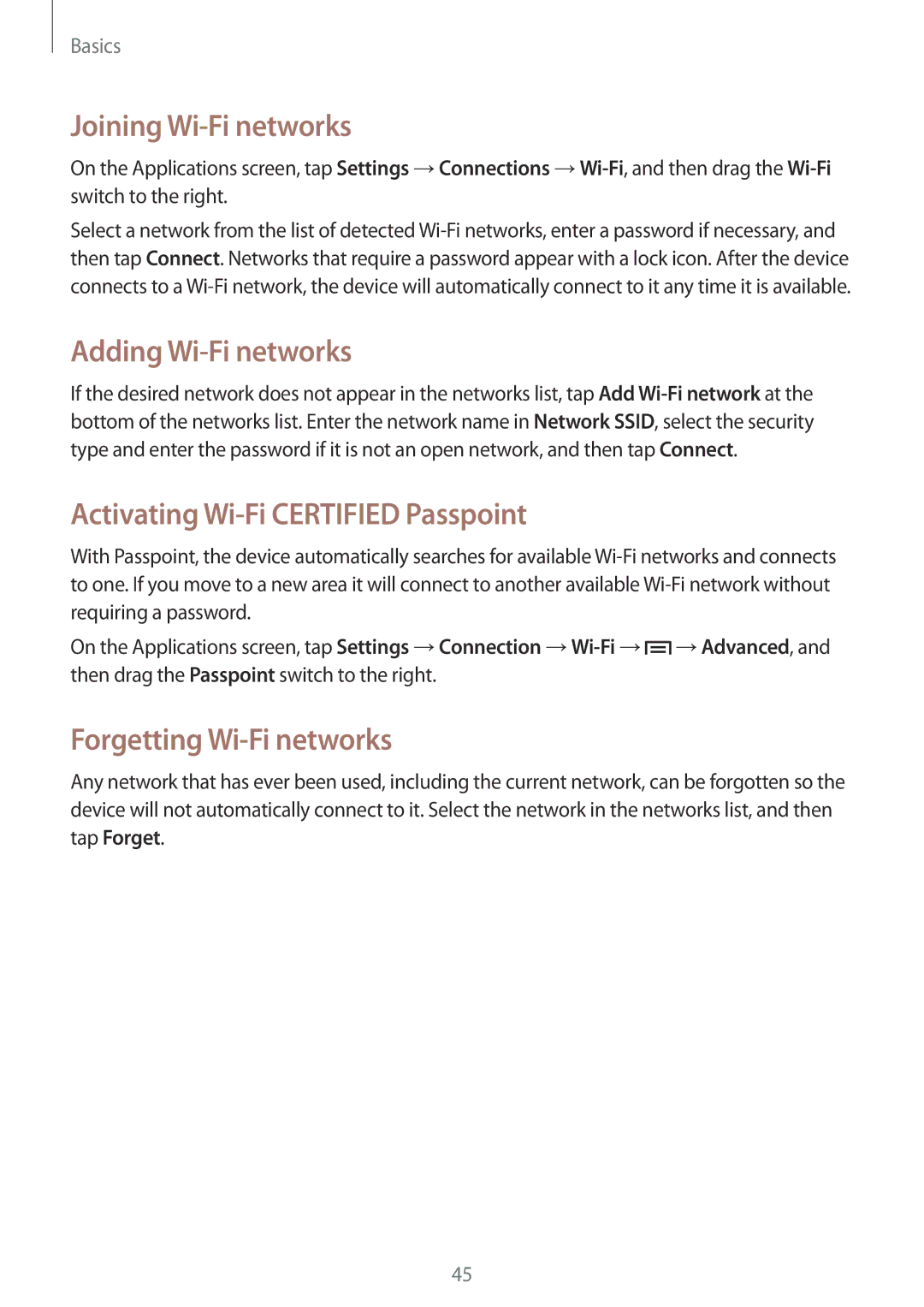 Samsung GT-I9500ZWASER, GT-I9500ZKACEL Joining Wi-Fi networks, Adding Wi-Fi networks, Activating Wi-Fi Certified Passpoint 