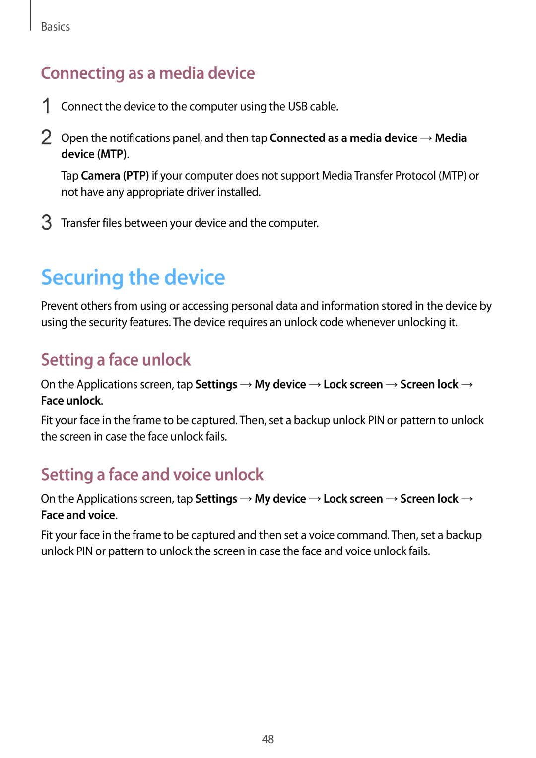 Samsung GT-I9500ZKACEL manual Securing the device, Connecting as a media device, Setting a face unlock, Device MTP 