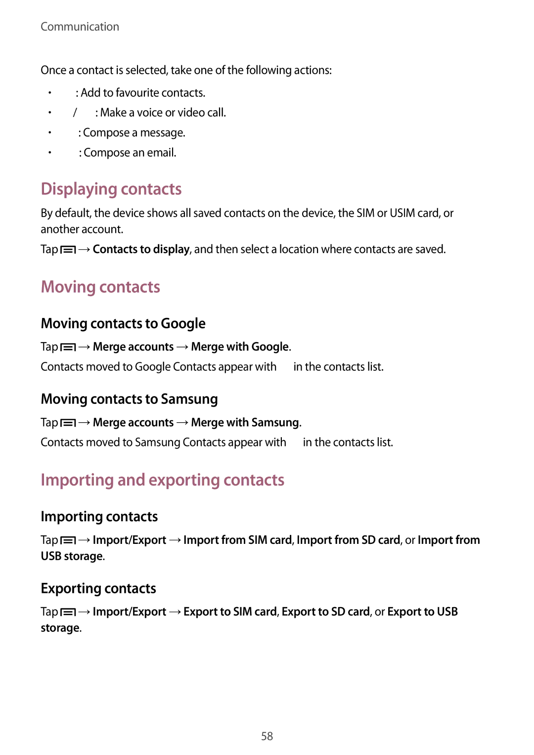 Samsung GT-I9500ZKAILO, GT-I9500ZKACEL manual Displaying contacts, Moving contacts, Importing and exporting contacts 