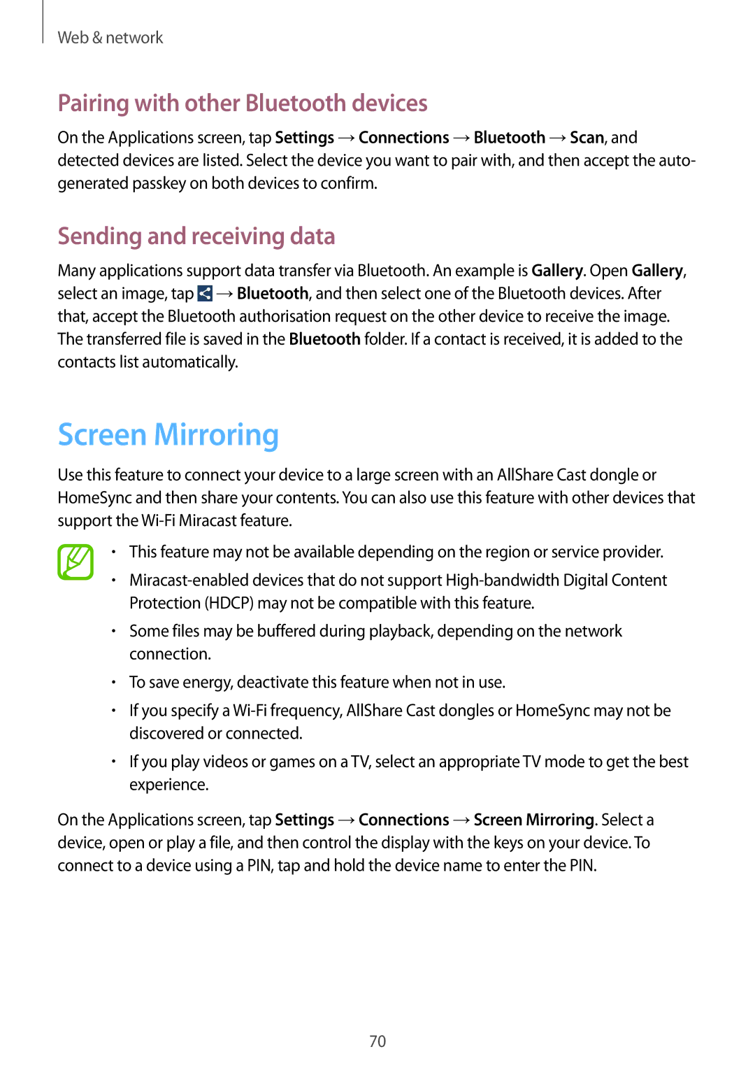 Samsung GT-I9500ZWAMBC, GT-I9500ZKACEL Screen Mirroring, Pairing with other Bluetooth devices, Sending and receiving data 