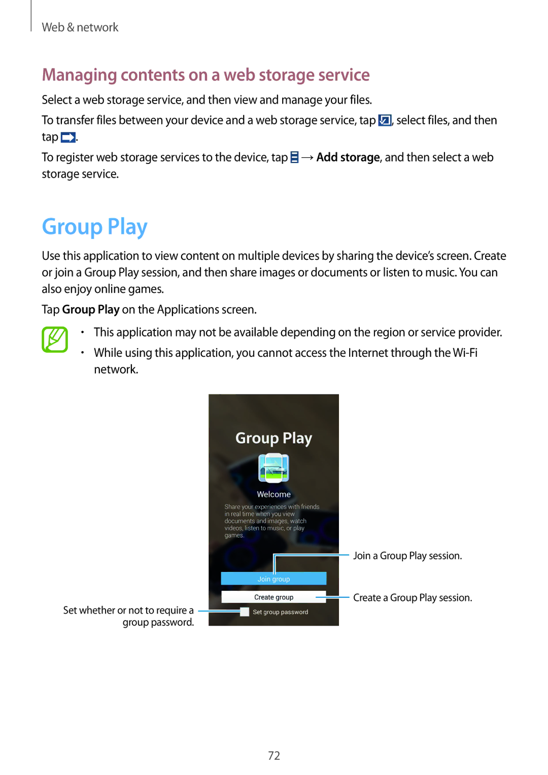 Samsung GT-I9500ZKACEL, GT-I9500ZWAILO, GT-I9500ZWAPTR manual Group Play, Managing contents on a web storage service 