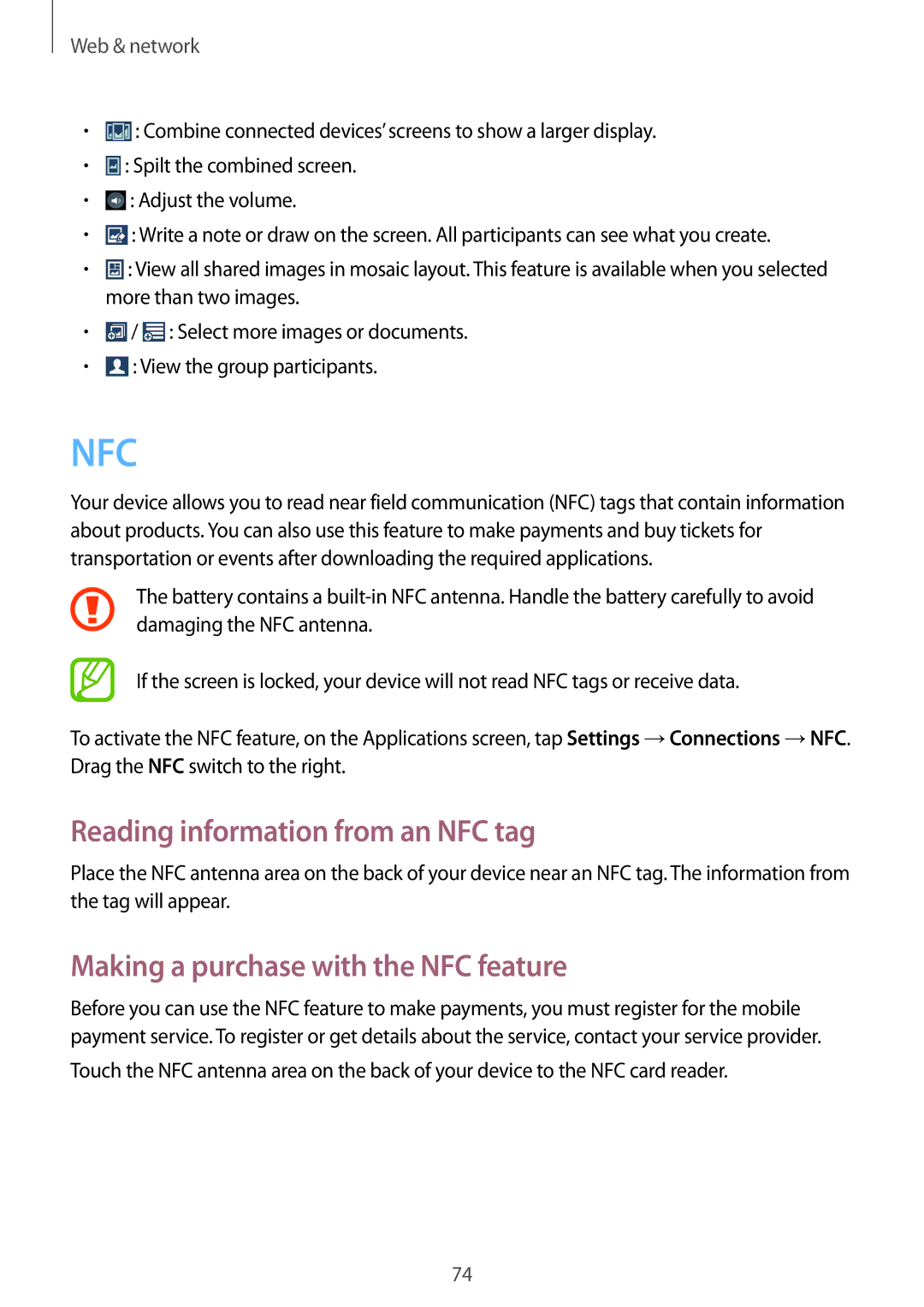 Samsung GT-I9500ZWAPTR, GT-I9500ZKACEL manual Reading information from an NFC tag, Making a purchase with the NFC feature 