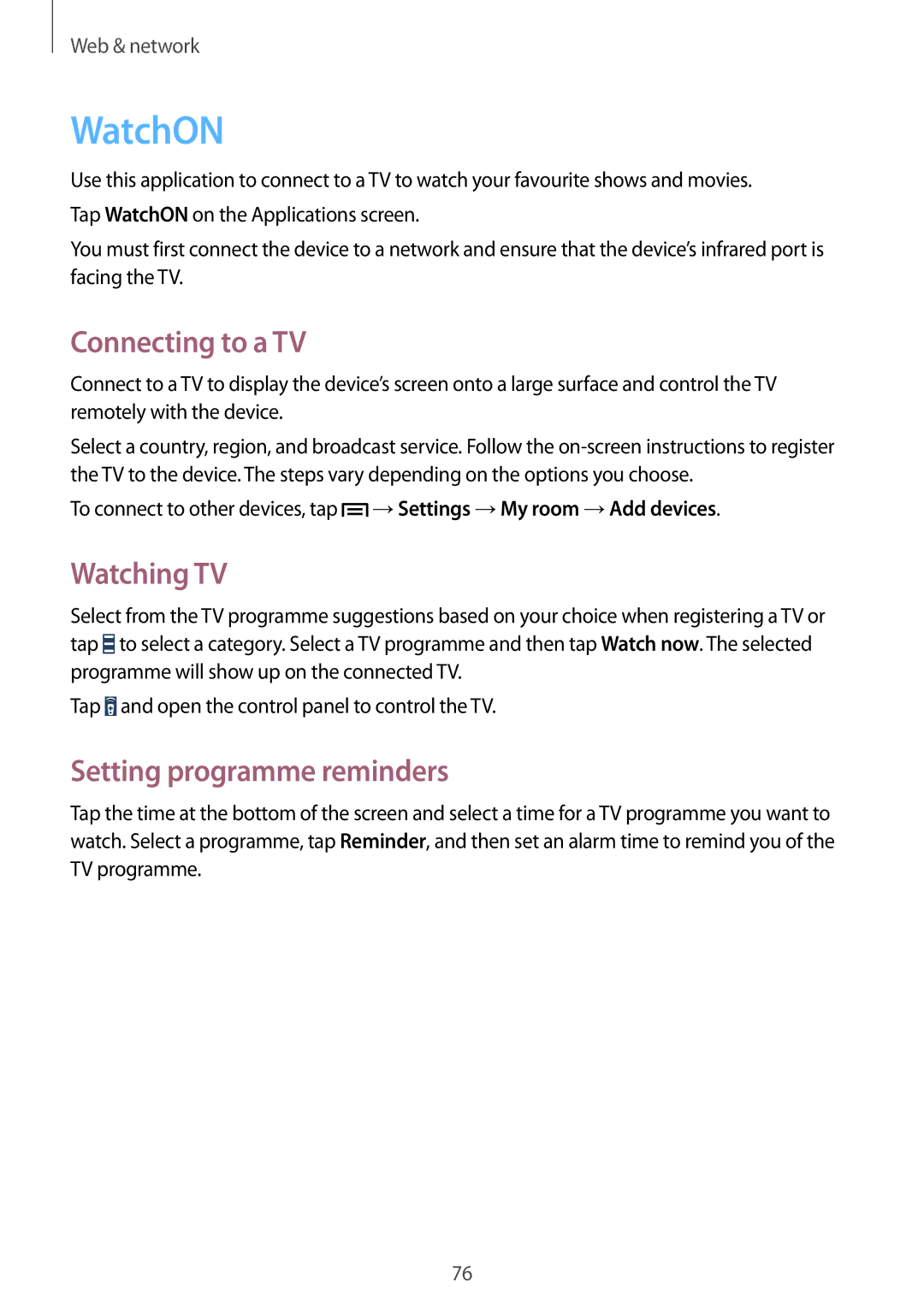 Samsung GT-I9500DKYCEL, GT-I9500ZKACEL manual WatchON, Connecting to a TV, Watching TV, Setting programme reminders 