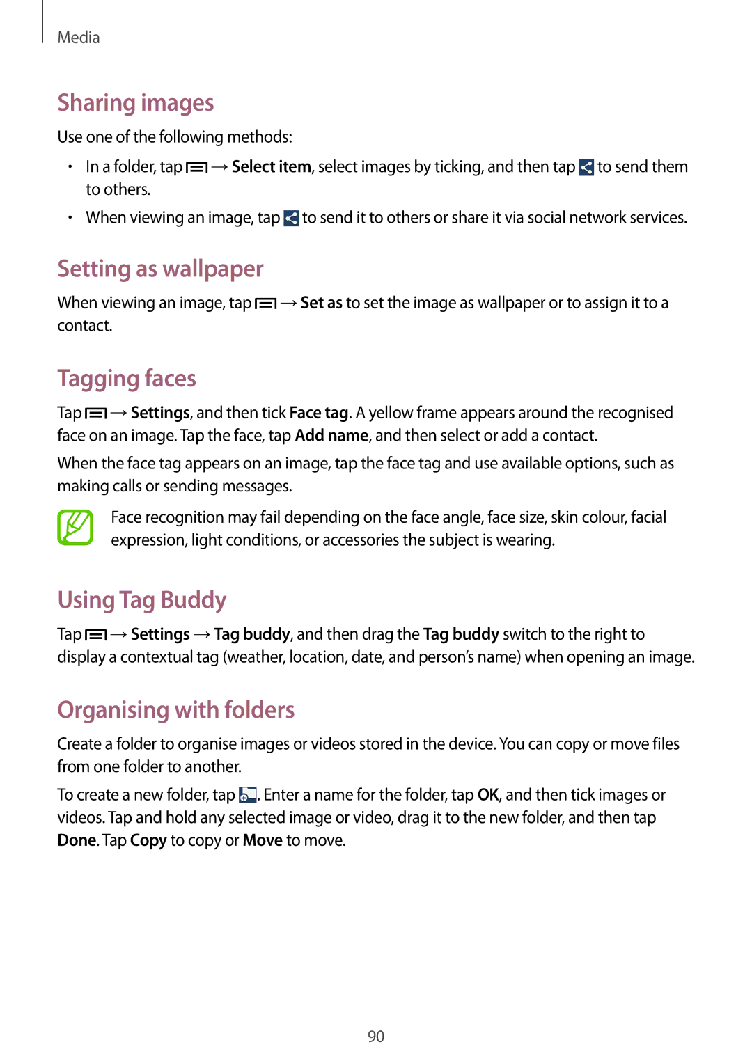 Samsung GT-I9500ZRZSER, GT-I9500ZKACEL, GT-I9500ZWAILO Sharing images, Setting as wallpaper, Tagging faces, Using Tag Buddy 