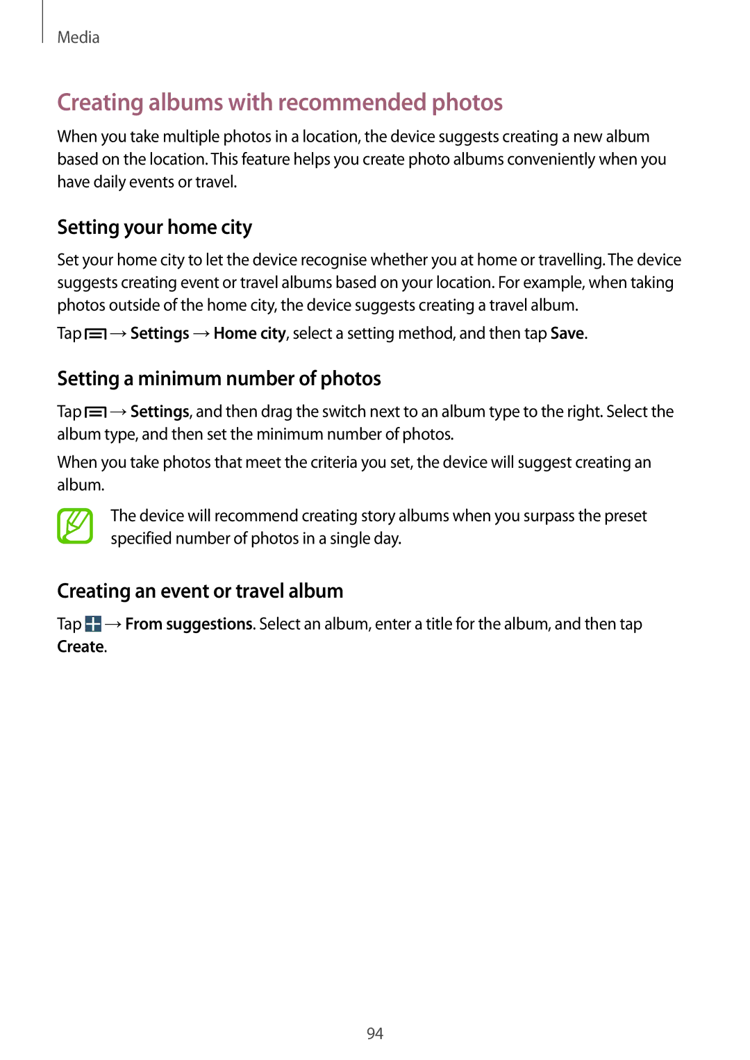 Samsung GT-I9500ZWAMBC Creating albums with recommended photos, Setting your home city, Setting a minimum number of photos 