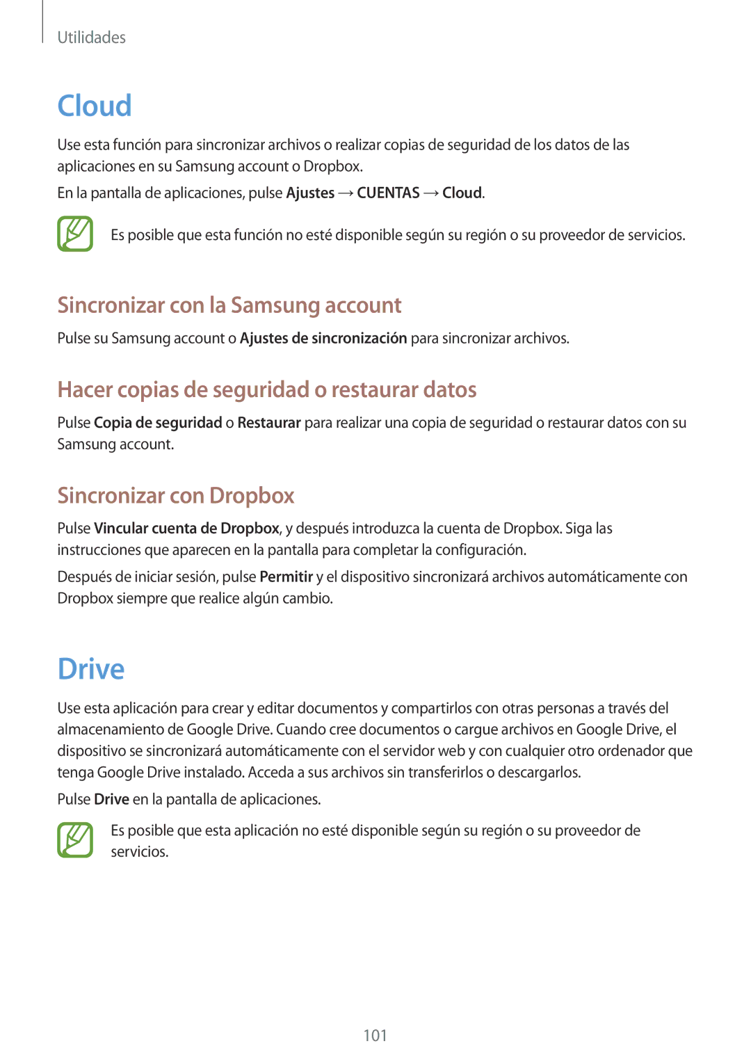 Samsung GT-I9505DKYROM manual Cloud, Drive, Sincronizar con la Samsung account, Hacer copias de seguridad o restaurar datos 