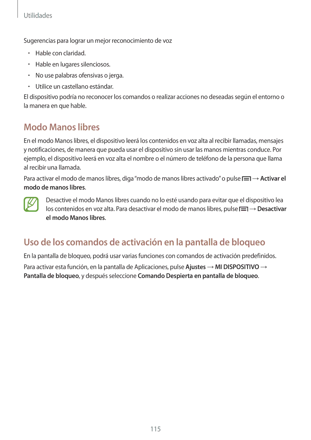 Samsung GT-I9505DKYETL, GT-I9505ZKADBT manual Modo Manos libres, Uso de los comandos de activación en la pantalla de bloqueo 