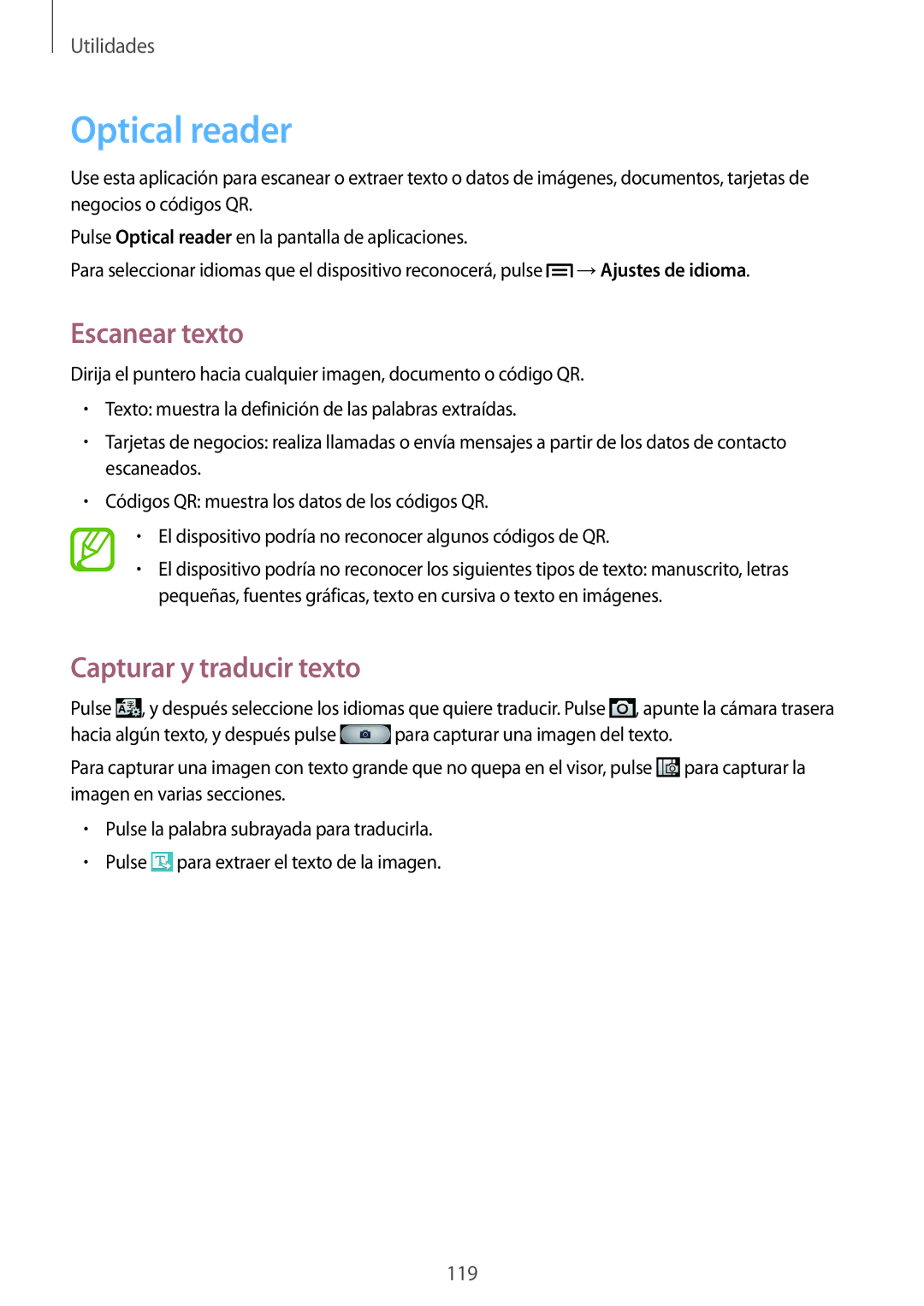 Samsung GT-I9505ZKACOA, GT-I9505ZKADBT, GT-I9505ZKATCL manual Optical reader, Escanear texto, Capturar y traducir texto 