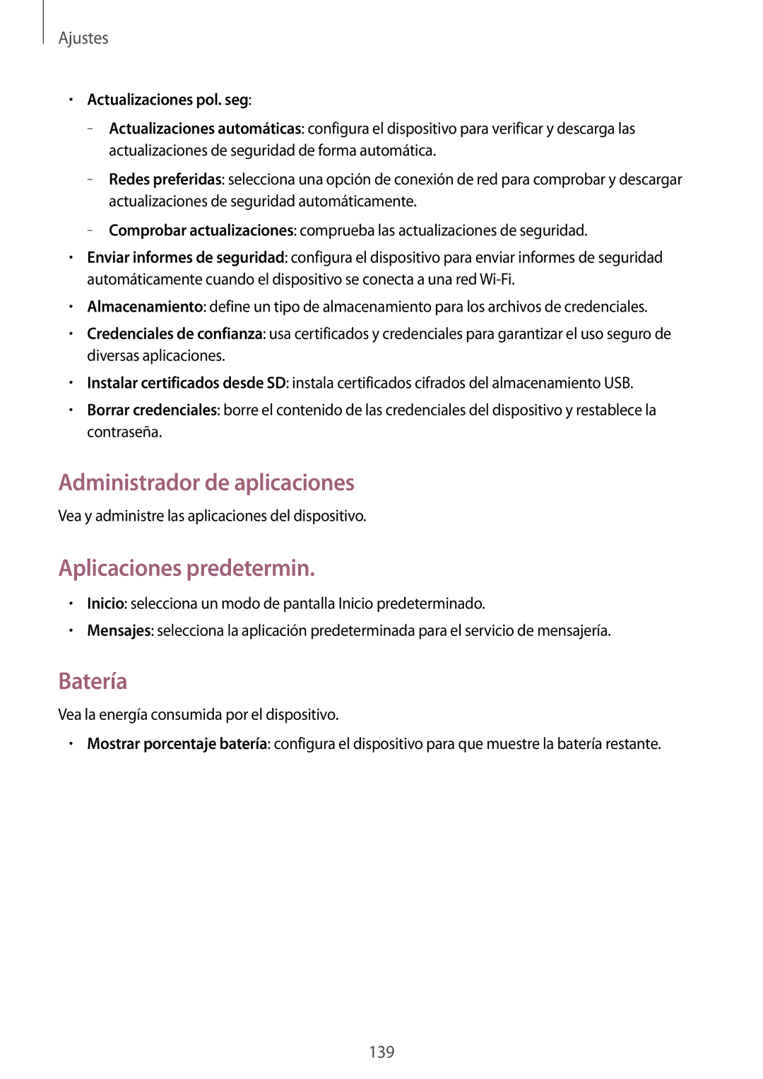 Samsung GT-I9505GNACOA manual Administrador de aplicaciones, Aplicaciones predetermin, Batería, Actualizaciones pol. seg 