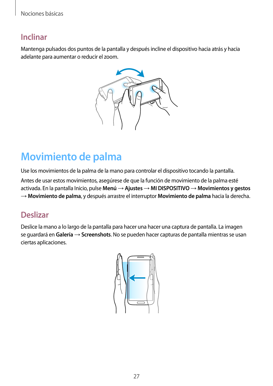 Samsung GT-I9505ZWAAUT, GT-I9505ZKADBT, GT-I9505ZKATCL, GT-I9505ZKATPH manual Movimiento de palma, Inclinar, Deslizar 