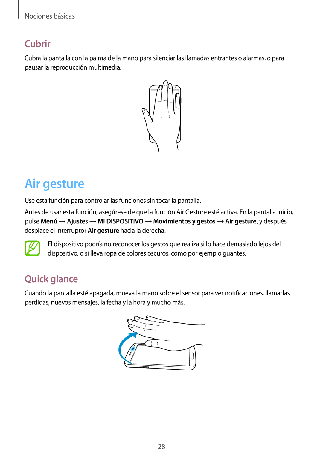 Samsung GT-I9505ZKAO2U, GT-I9505ZKADBT, GT-I9505ZKATCL, GT-I9505ZKATPH, GT-I9505ZKAAUT manual Air gesture, Cubrir, Quick glance 