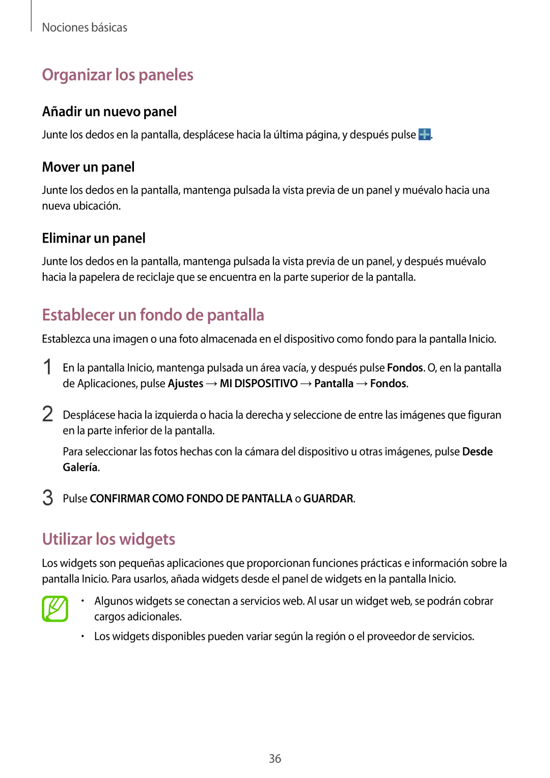 Samsung GT-I9505ZKAAMN, GT-I9505ZKADBT manual Organizar los paneles, Establecer un fondo de pantalla, Utilizar los widgets 