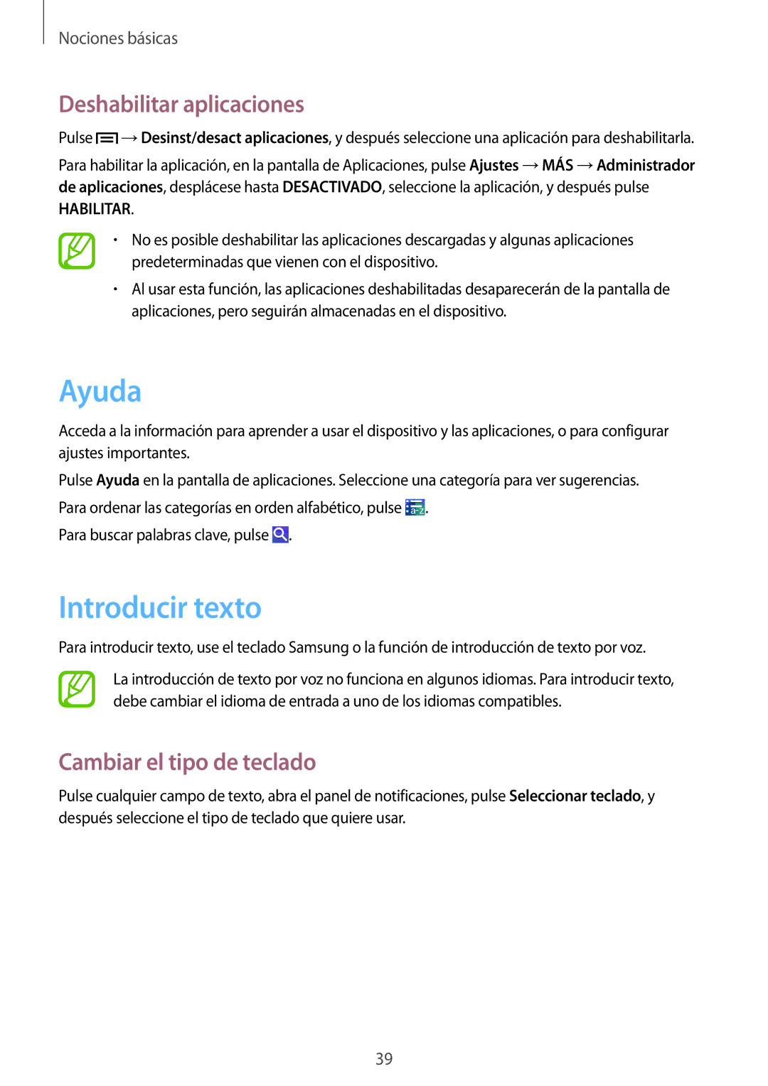 Samsung GT-I9505DKYPHN, GT-I9505ZKADBT manual Ayuda, Introducir texto, Deshabilitar aplicaciones, Cambiar el tipo de teclado 