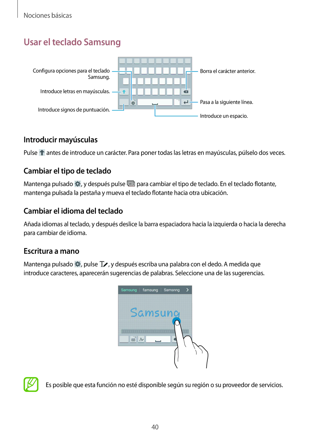 Samsung GT-I9505DKYETL manual Usar el teclado Samsung, Introducir mayúsculas, Cambiar el tipo de teclado, Escritura a mano 