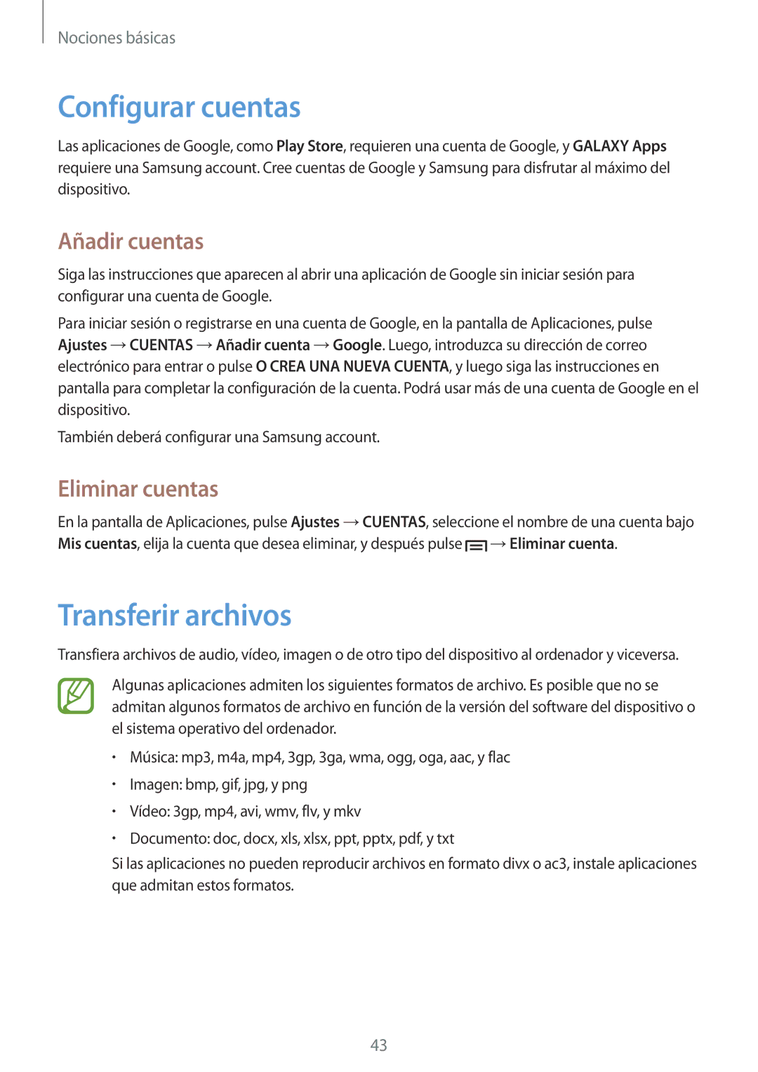 Samsung GT-I9505ZKAPHE, GT-I9505ZKADBT manual Configurar cuentas, Transferir archivos, Añadir cuentas, Eliminar cuentas 