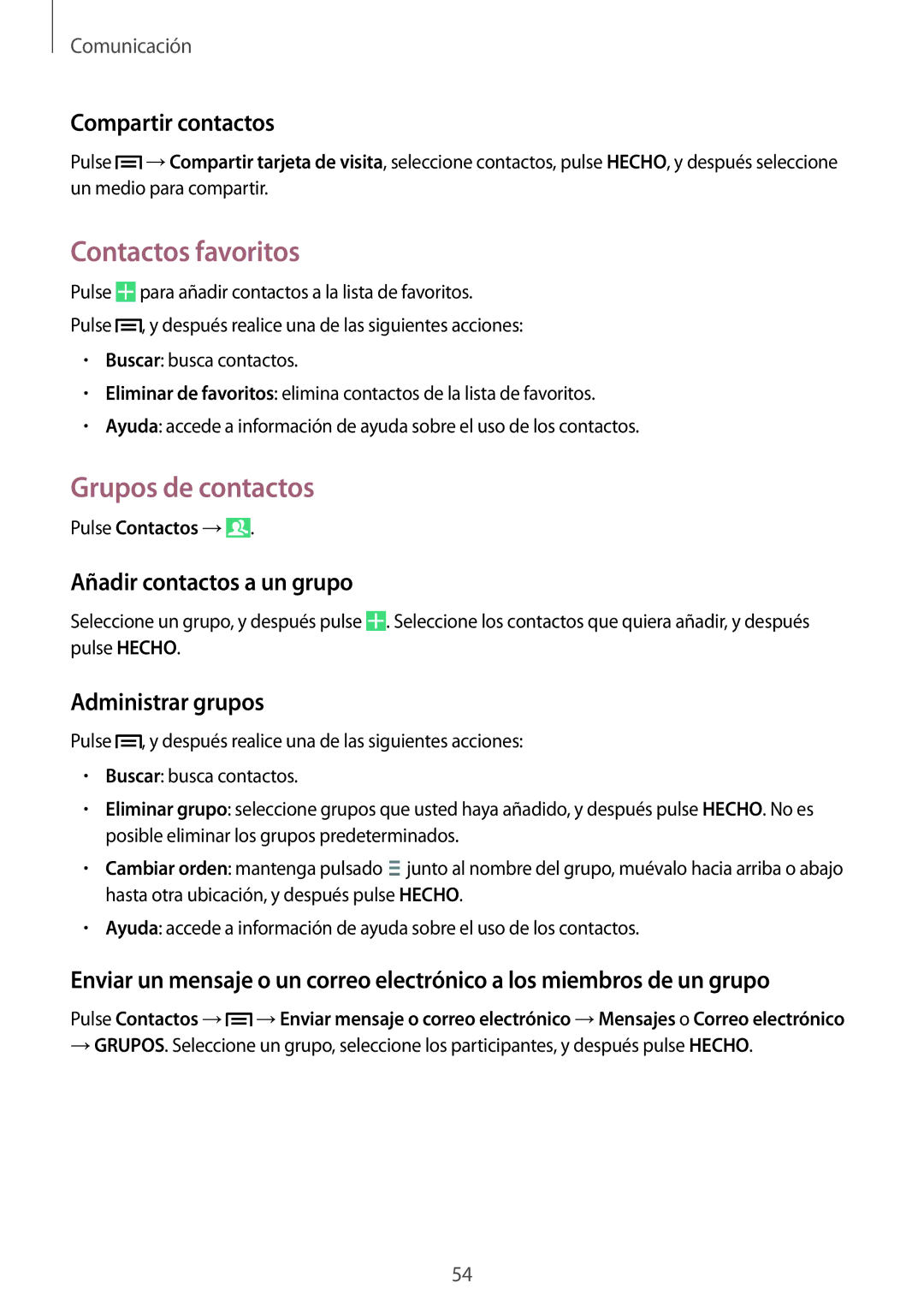 Samsung GT-I9505ZWASEB manual Contactos favoritos, Grupos de contactos, Compartir contactos, Añadir contactos a un grupo 