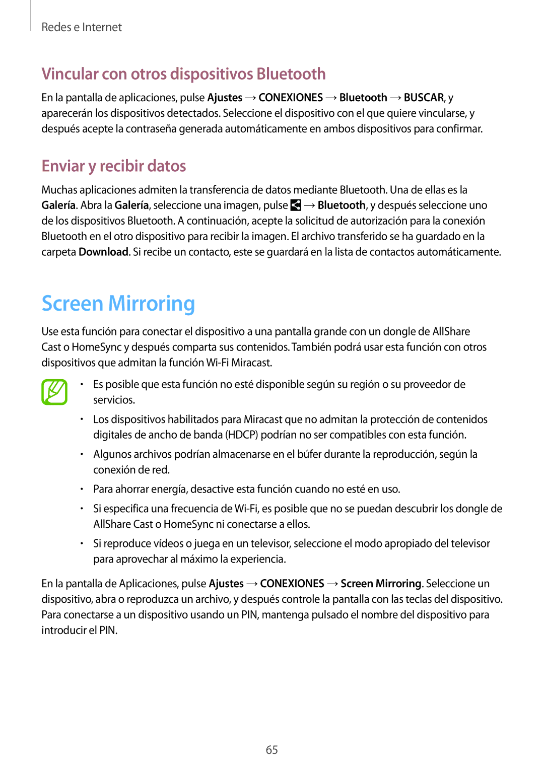 Samsung GT-I9505DKYPHE, GT-I9505ZKADBT Screen Mirroring, Vincular con otros dispositivos Bluetooth, Enviar y recibir datos 