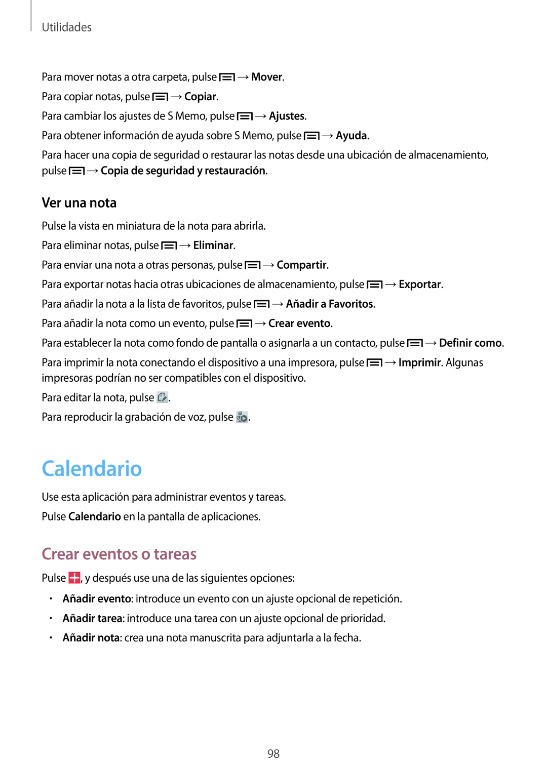 Samsung GT-I9505ZWABOG, GT-I9505ZKADBT, GT-I9505ZKATCL, GT-I9505ZKATPH manual Calendario, Crear eventos o tareas, Ver una nota 