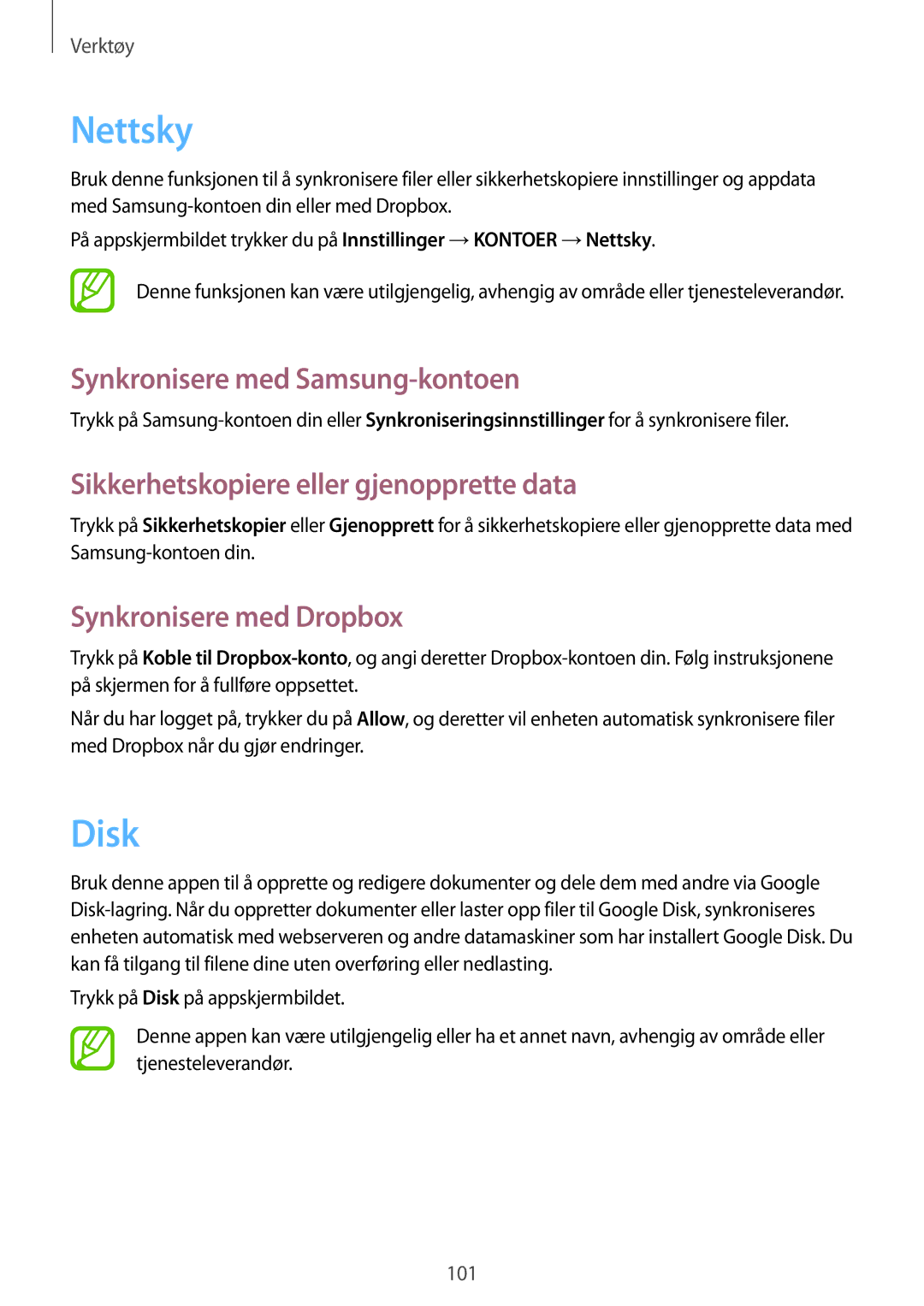 Samsung GT-I9505ZKENEE manual Nettsky, Disk, Synkronisere med Samsung-kontoen, Sikkerhetskopiere eller gjenopprette data 