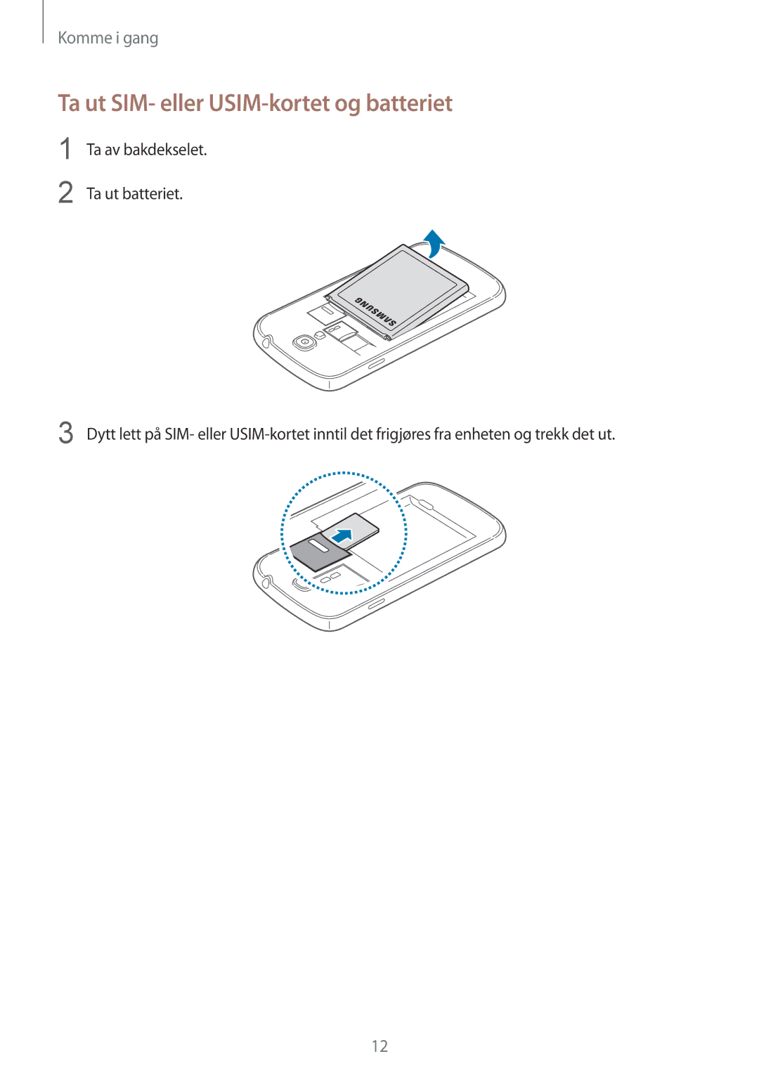 Samsung GT-I9505ZBENEE, GT-I9505ZKANEE, GT-I9505ZWANEE, GT-I9505DKYNEE manual Ta ut SIM- eller USIM-kortet og batteriet 