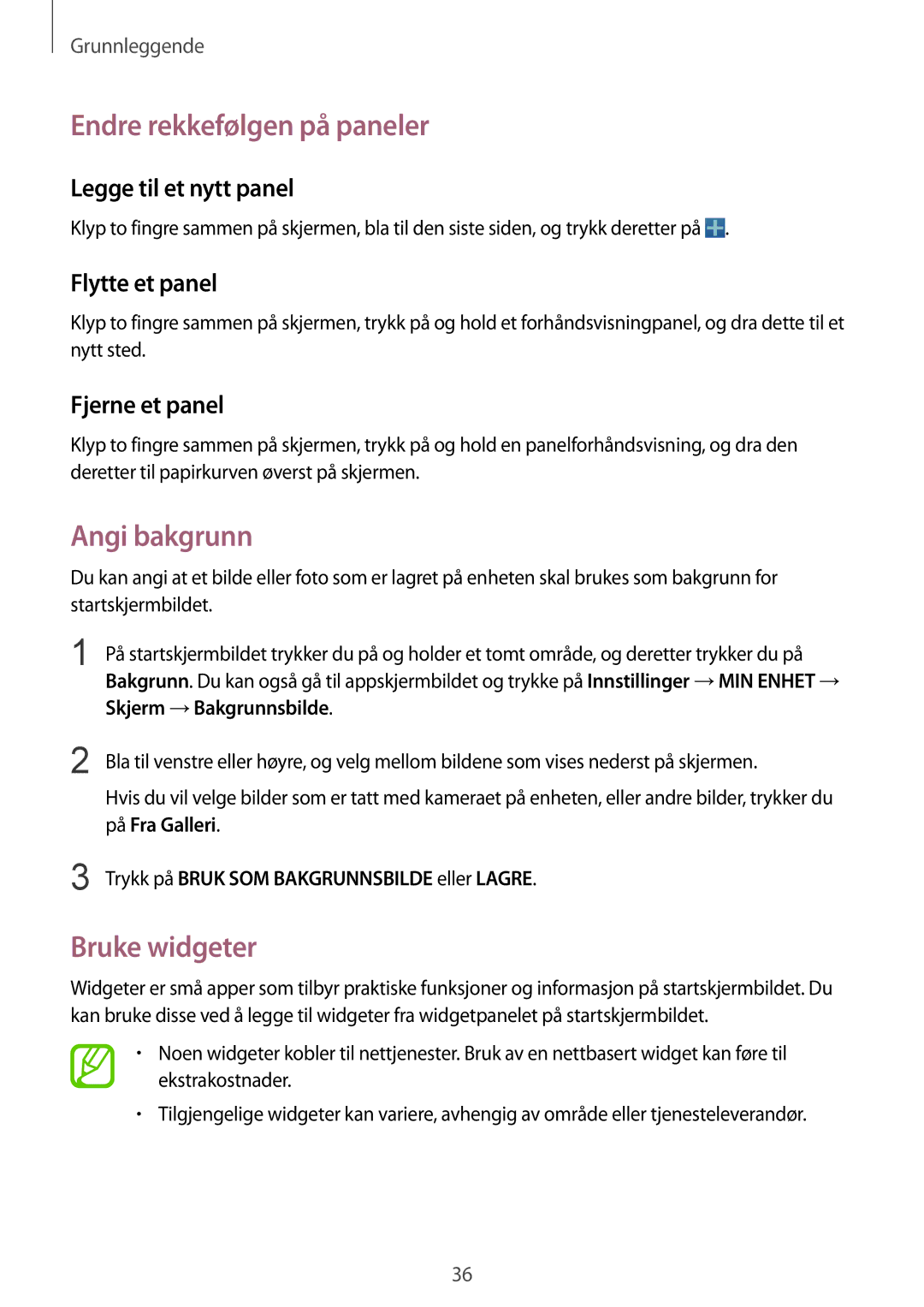 Samsung GT-I9505ZKENEE, GT-I9505ZKANEE, GT-I9505ZWANEE manual Endre rekkefølgen på paneler, Angi bakgrunn, Bruke widgeter 