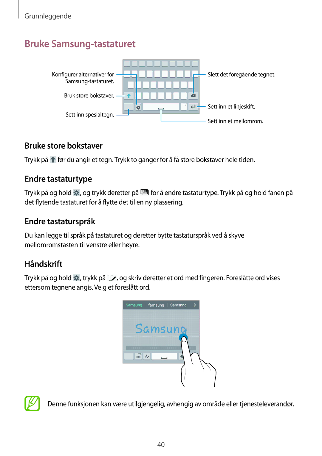 Samsung GT-I9505ZWANEE manual Bruke Samsung-tastaturet, Bruke store bokstaver, Endre tastaturtype, Endre tastaturspråk 